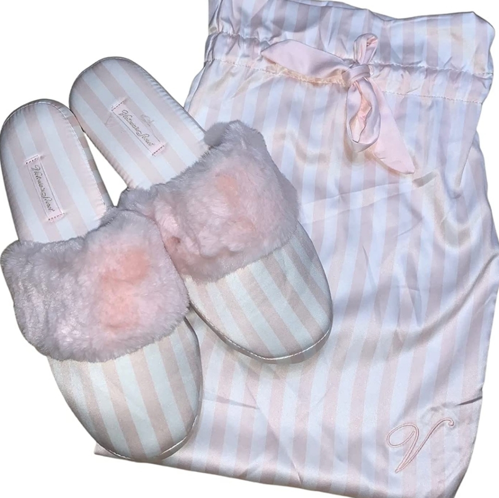 VS Victoria's Secret Signature Satin Slipper Pink Stripe Size L